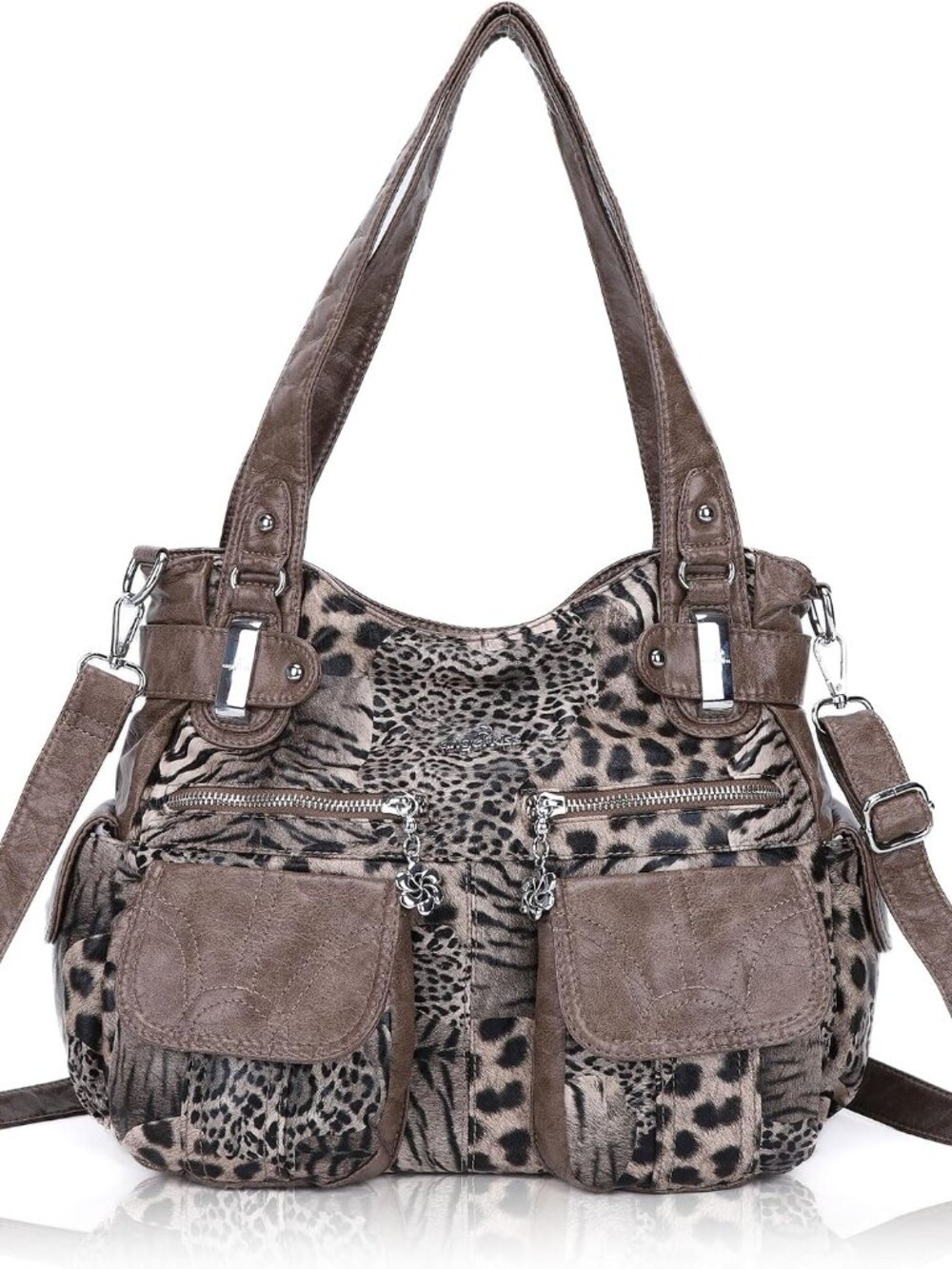 Women's Designer Handbag Large Double Zipper Multi Pocket Washed Leather Purse